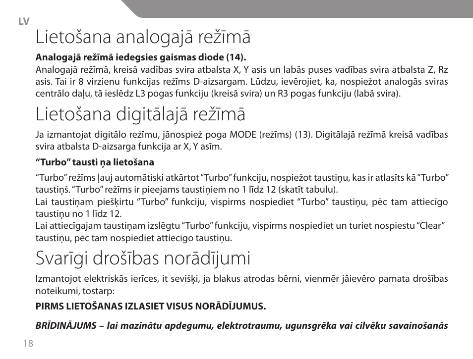 Lietošana analogajā režīmā, Lietošana digitālajā režīmā, Svarīgi drošības norādījumi | Acme GA06 User Manual | Page 18 / 96