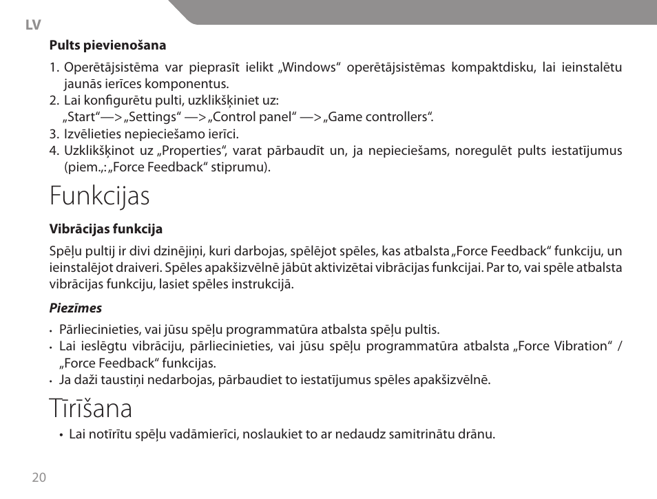 Funkcijas, Tīrīšana | Acme GA06 User Manual | Page 20 / 96