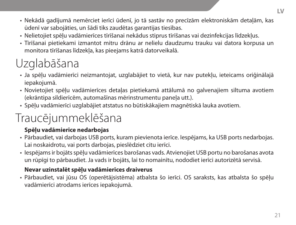 Uzglabāšana, Traucējummeklēšana | Acme GA06 User Manual | Page 21 / 96