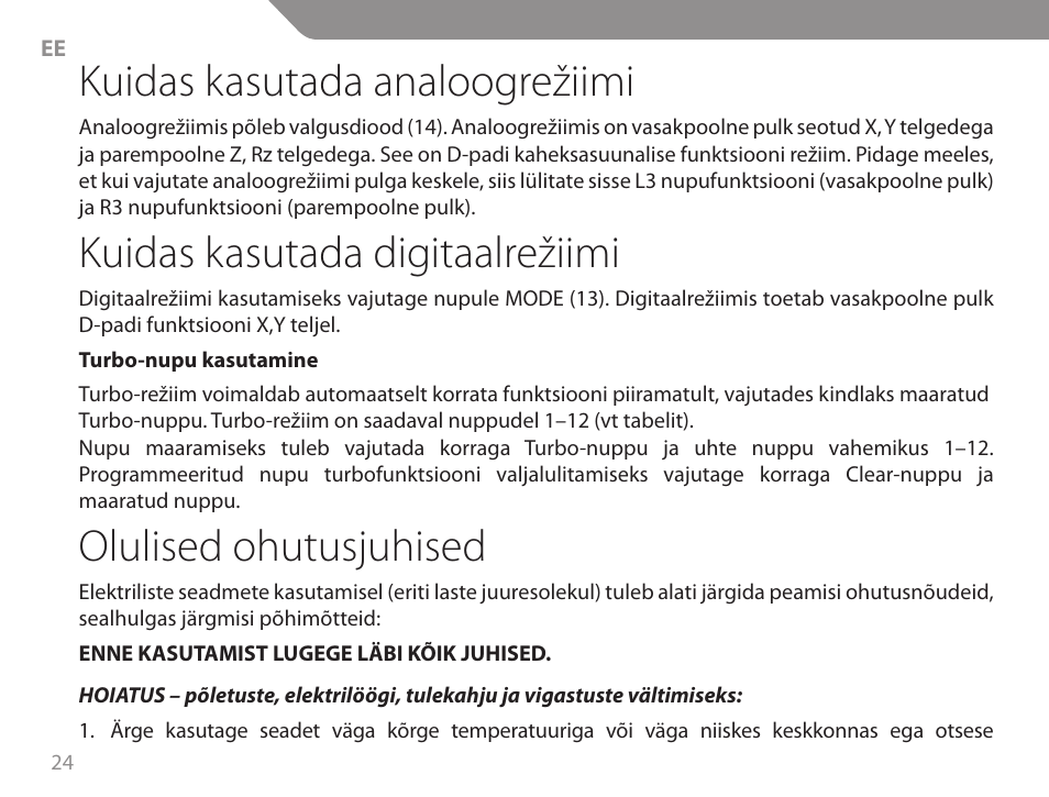 Kuidas kasutada analoogrežiimi, Kuidas kasutada digitaalrežiimi, Olulised ohutusjuhised | Acme GA06 User Manual | Page 24 / 96