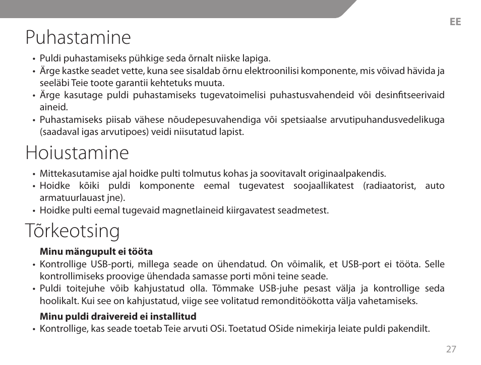 Puhastamine, Hoiustamine, Tõrkeotsing | Acme GA06 User Manual | Page 27 / 96