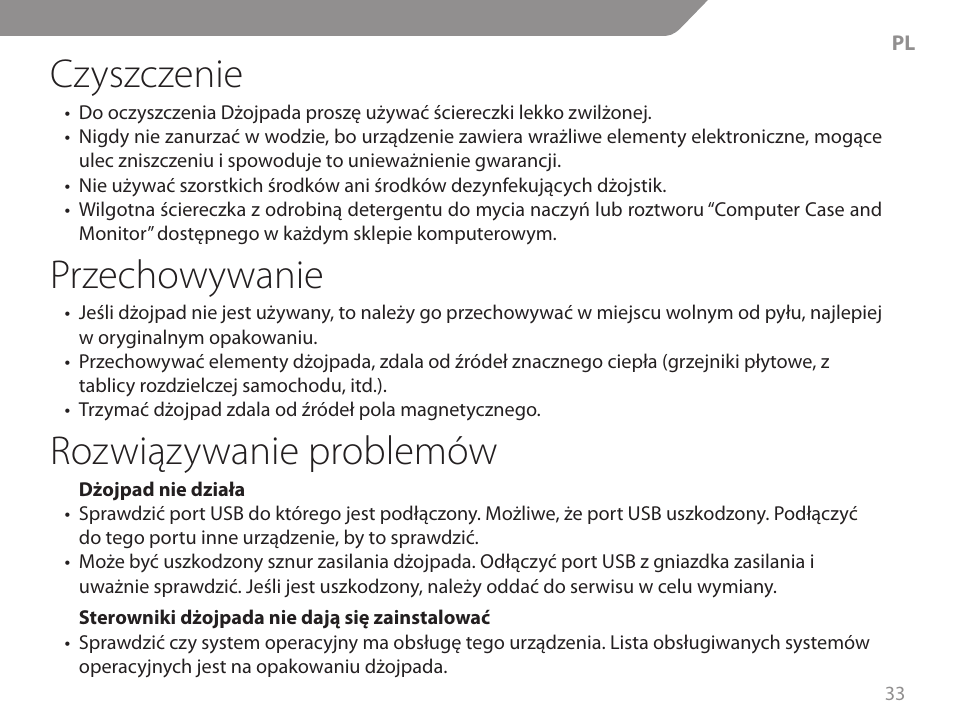 Czyszczenie, Przechowywanie, Rozwiązywanie problemów | Acme GA06 User Manual | Page 33 / 96