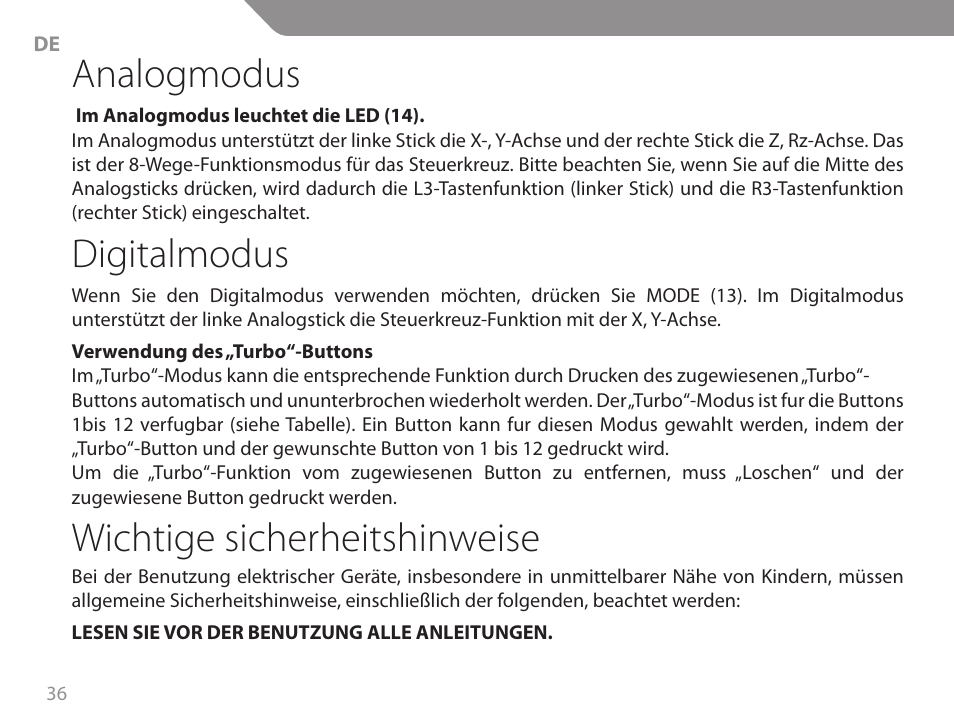 Analogmodus, Digitalmodus, Wichtige sicherheitshinweise | Acme GA06 User Manual | Page 36 / 96