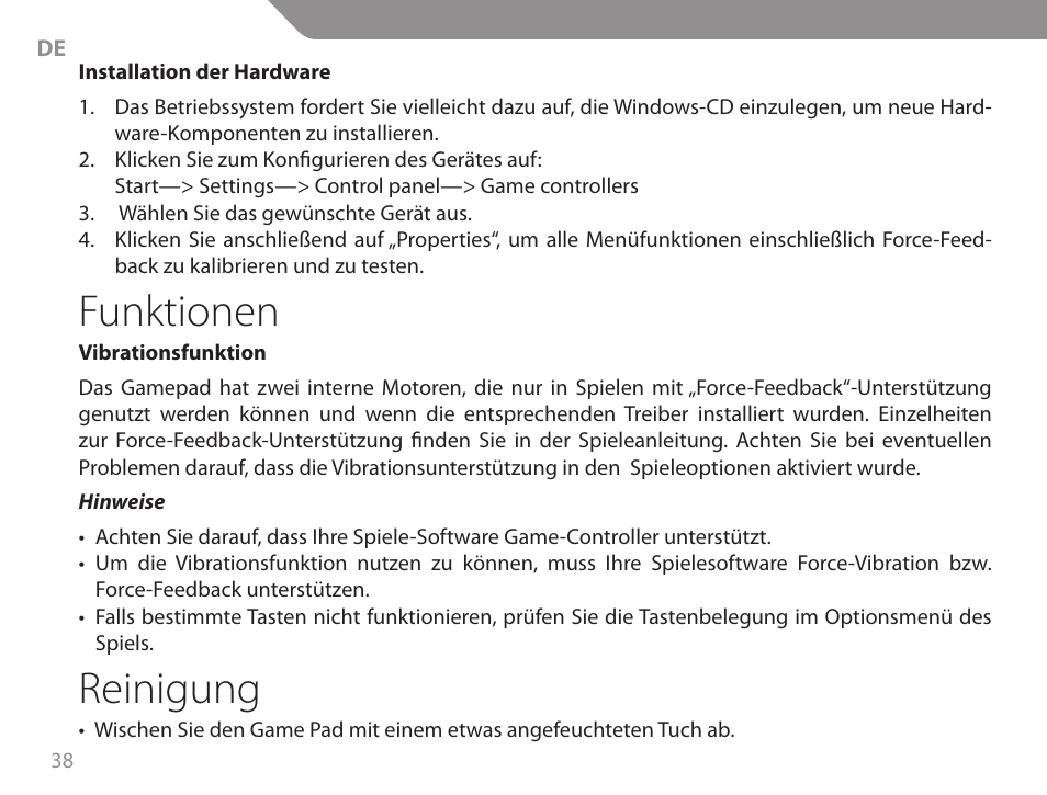 Funktionen, Reinigung | Acme GA06 User Manual | Page 38 / 96