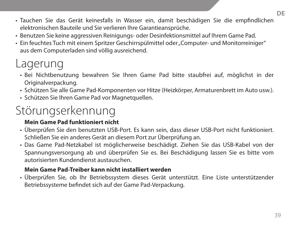 Lagerung, Störungserkennung | Acme GA06 User Manual | Page 39 / 96