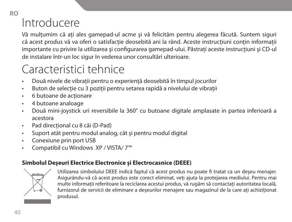 Introducere, Caracteristici tehnice | Acme GA06 User Manual | Page 40 / 96