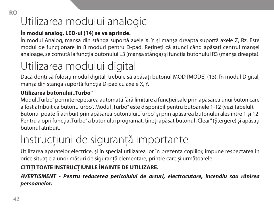 Utilizarea modului analogic, Utilizarea modului digital, Instrucţiuni de siguranţă importante | Acme GA06 User Manual | Page 42 / 96