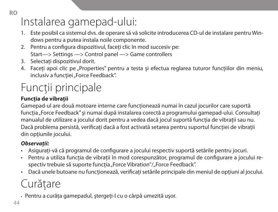 Instalarea gamepad-ului, Funcţii principale, Curăţare | Acme GA06 User Manual | Page 44 / 96