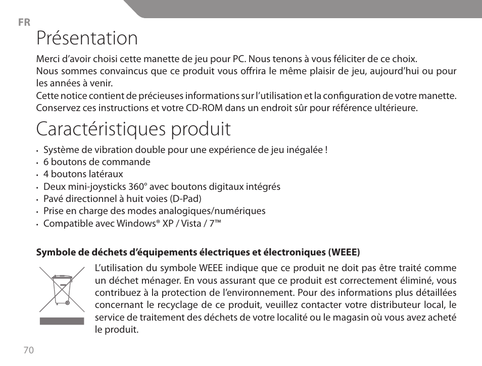 Présentation, Caractéristiques produit | Acme GA06 User Manual | Page 70 / 96