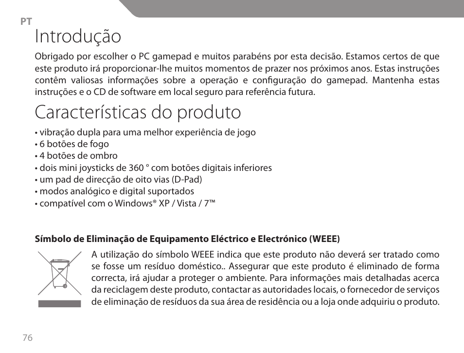 Introdução, Características do produto | Acme GA06 User Manual | Page 76 / 96