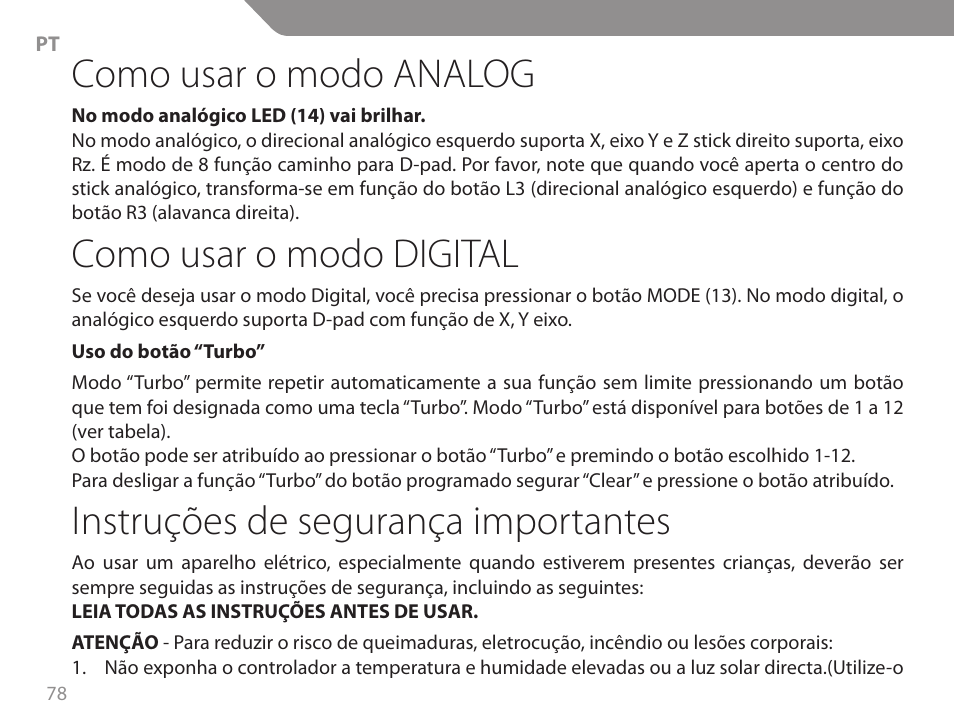 Como usar o modo analog, Como usar o modo digital, Instruções de segurança importantes | Acme GA06 User Manual | Page 78 / 96
