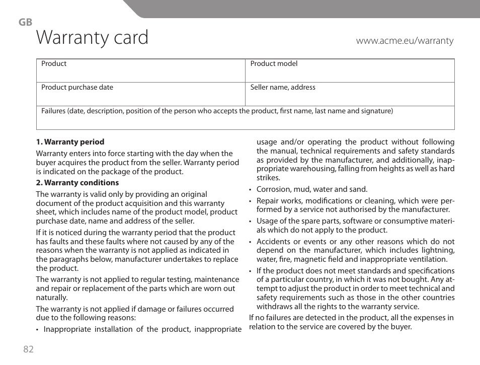 Warranty card | Acme GA06 User Manual | Page 82 / 96