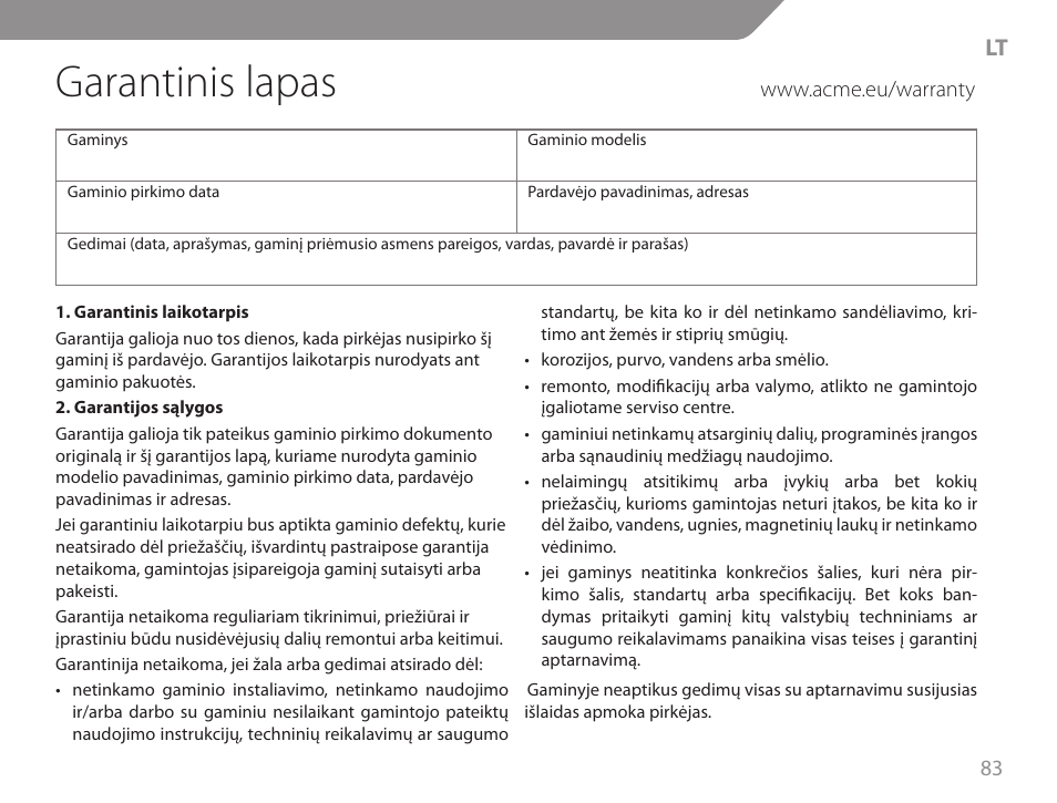 Garantinis lapas | Acme GA06 User Manual | Page 83 / 96
