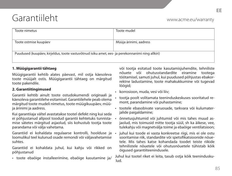 Garantiileht | Acme GA06 User Manual | Page 85 / 96