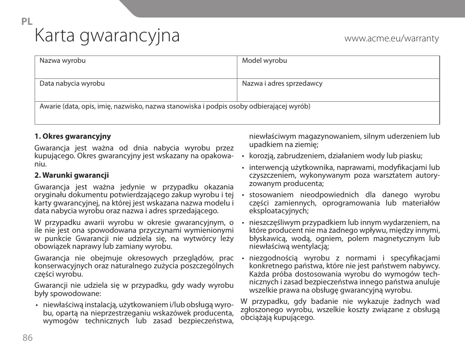 Karta gwarancyjna | Acme GA06 User Manual | Page 86 / 96