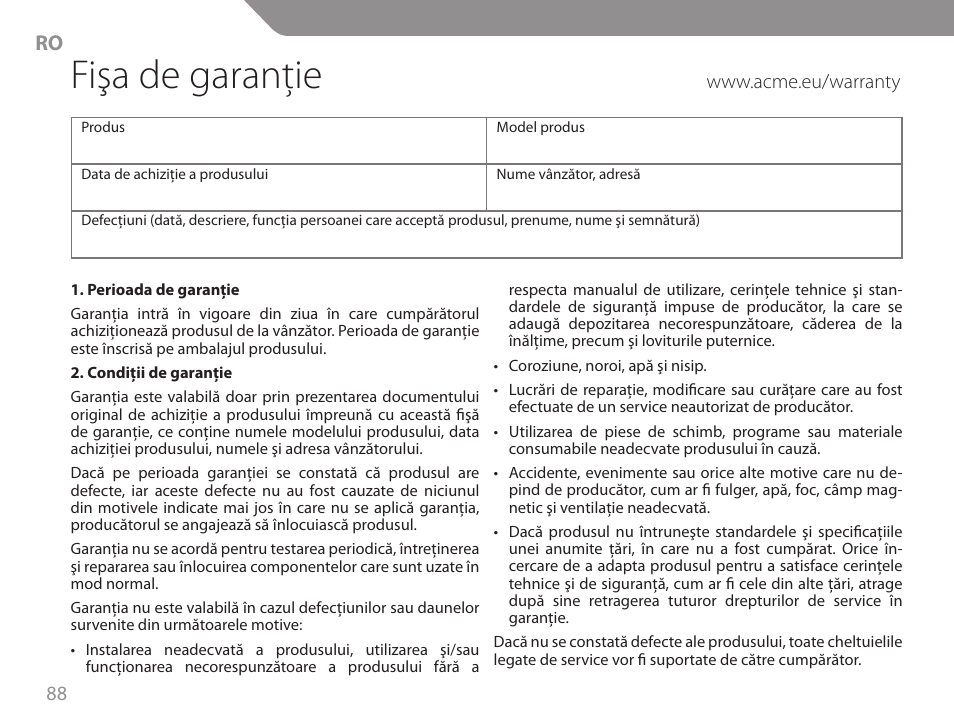 Fişa de garanţie | Acme GA06 User Manual | Page 88 / 96