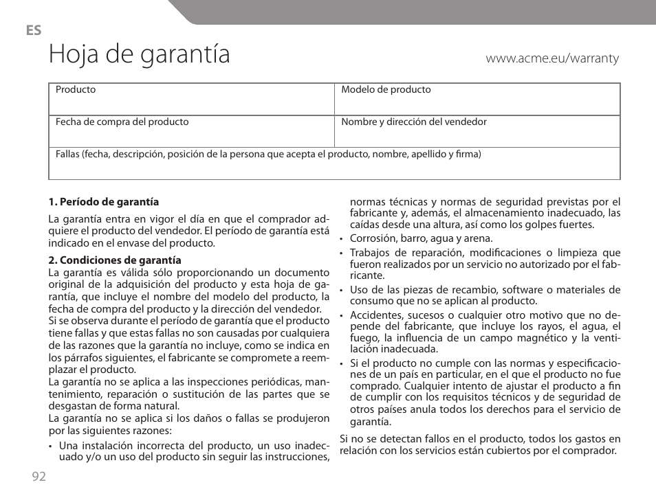 Hoja de garantía | Acme GA06 User Manual | Page 92 / 96