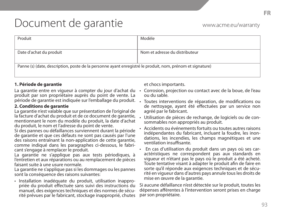 Document de garantie | Acme GA06 User Manual | Page 93 / 96