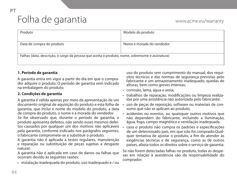 Folha de garantia | Acme GA06 User Manual | Page 94 / 96