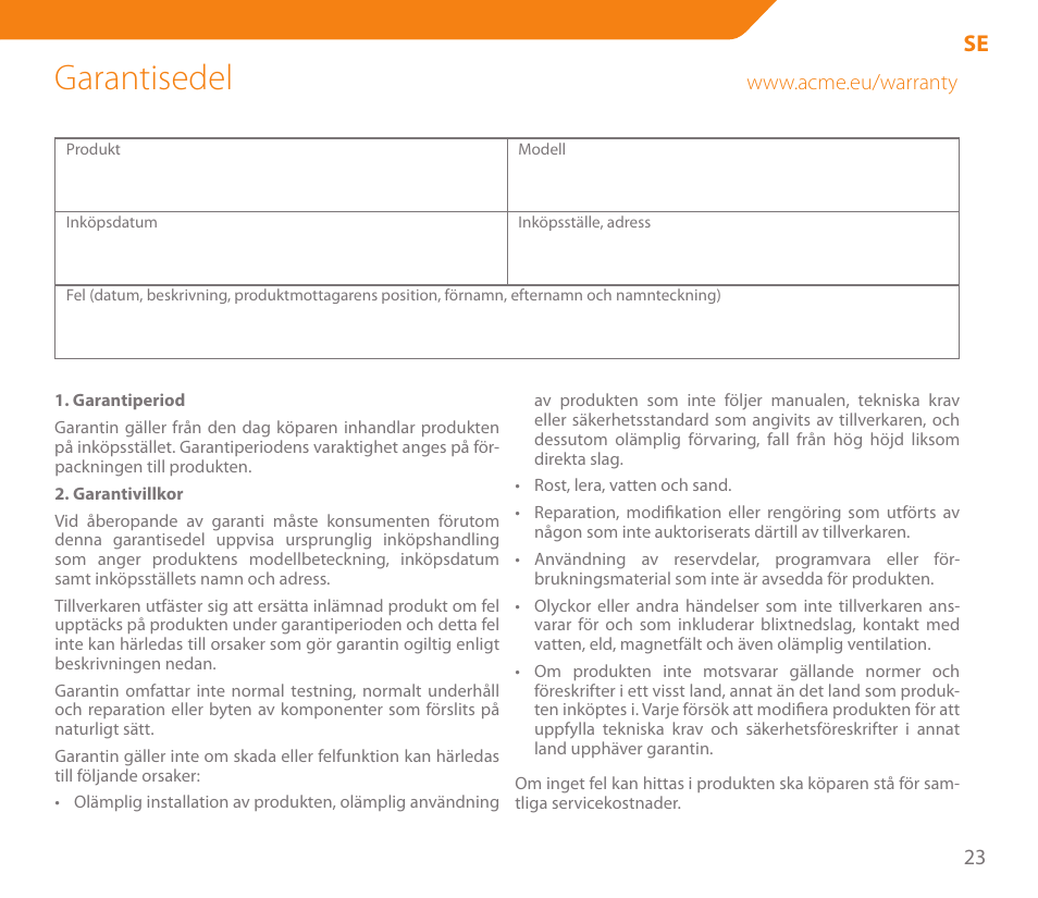 Garantisedel | Acme MW05 User Manual | Page 23 / 28