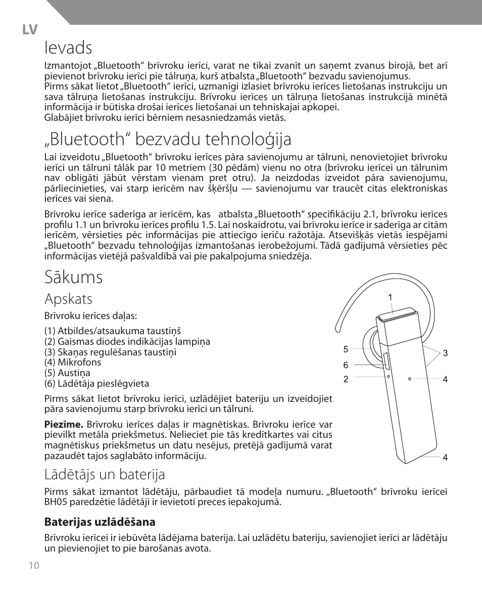 Ievads, Bluetooth“ bezvadu tehnoloģija, Sākums | Apskats, Lādētājs un baterija | Acme BH05 User Manual | Page 10 / 40