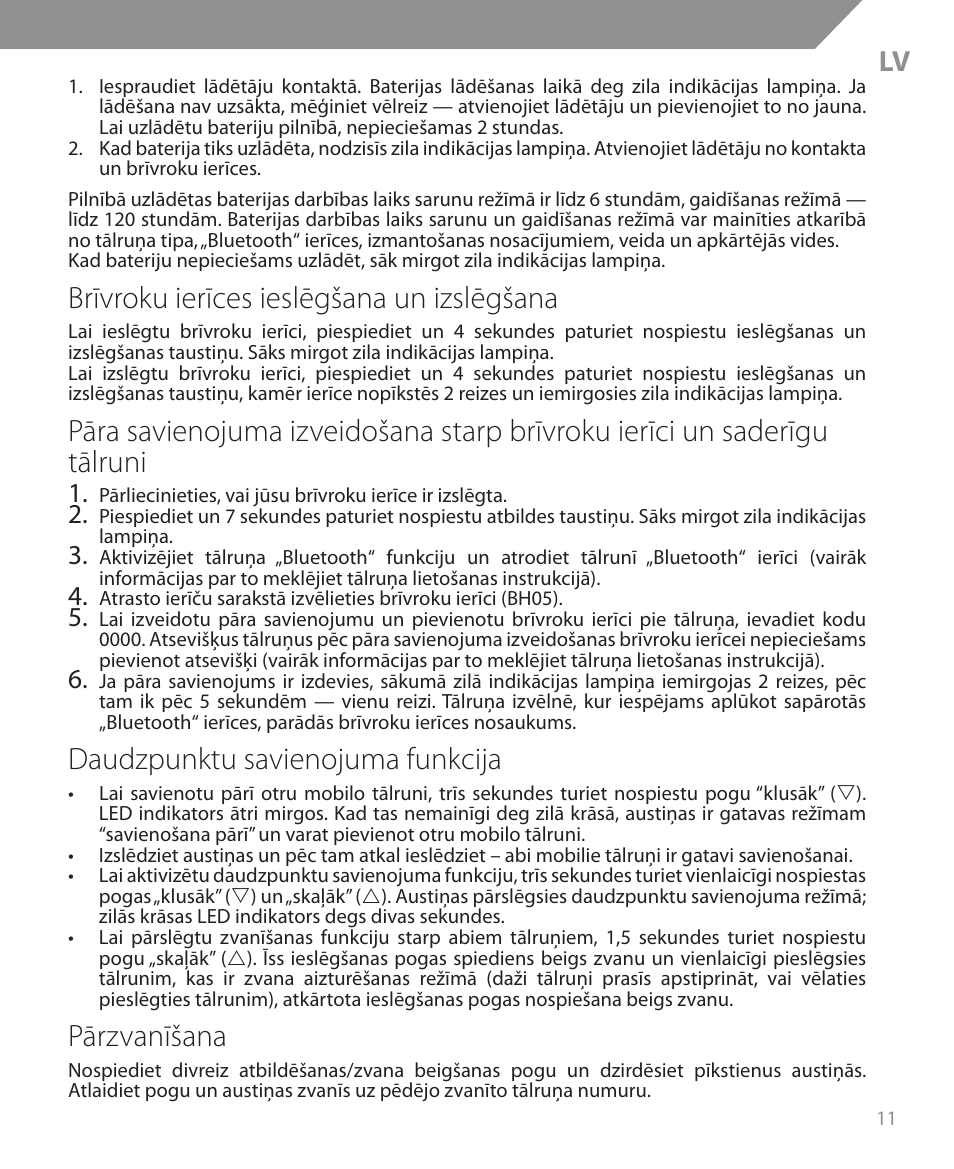 Brīvroku ierīces ieslēgšana un izslēgšana, Daudzpunktu savienojuma funkcija, Pārzvanīšana | Acme BH05 User Manual | Page 11 / 40