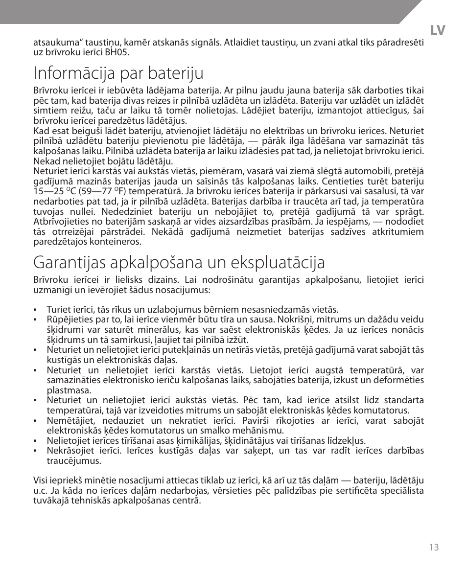 Informācija par bateriju, Garantijas apkalpošana un ekspluatācija | Acme BH05 User Manual | Page 13 / 40