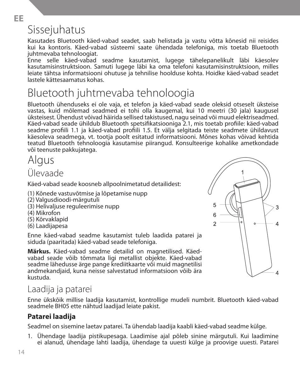 Sissejuhatus, Bluetooth juhtmevaba tehnoloogia, Algus | Ülevaade, Laadija ja patarei | Acme BH05 User Manual | Page 14 / 40