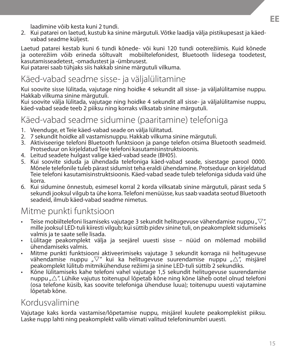 Käed-vabad seadme sisse- ja väljalülitamine, Mitme punkti funktsioon, Kordusvalimine | Acme BH05 User Manual | Page 15 / 40