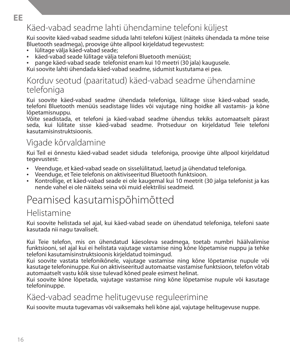 Peamised kasutamispõhimõtted, Vigade kõrvaldamine, Helistamine | Käed-vabad seadme helitugevuse reguleerimine | Acme BH05 User Manual | Page 16 / 40