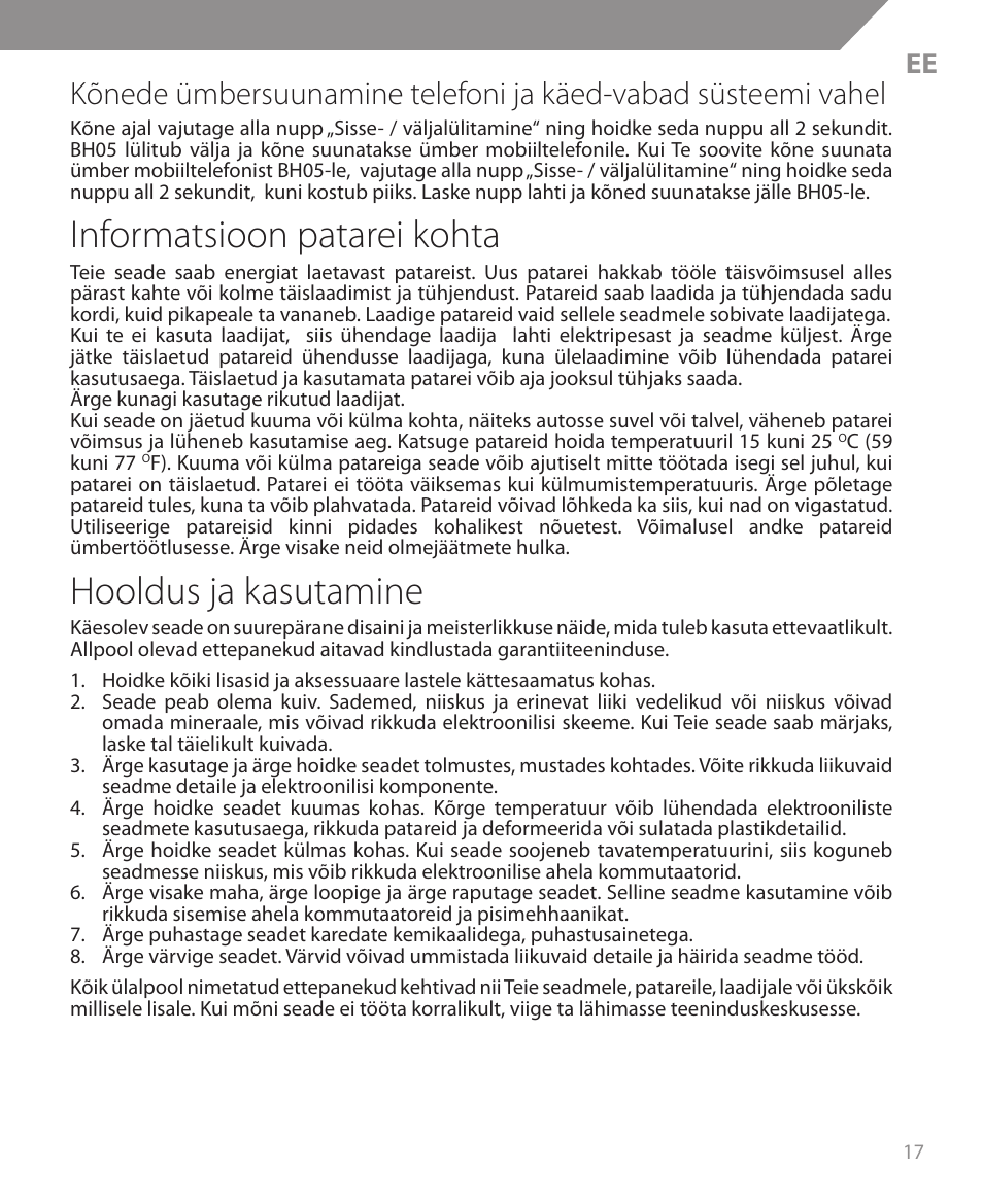Informatsioon patarei kohta, Hooldus ja kasutamine | Acme BH05 User Manual | Page 17 / 40