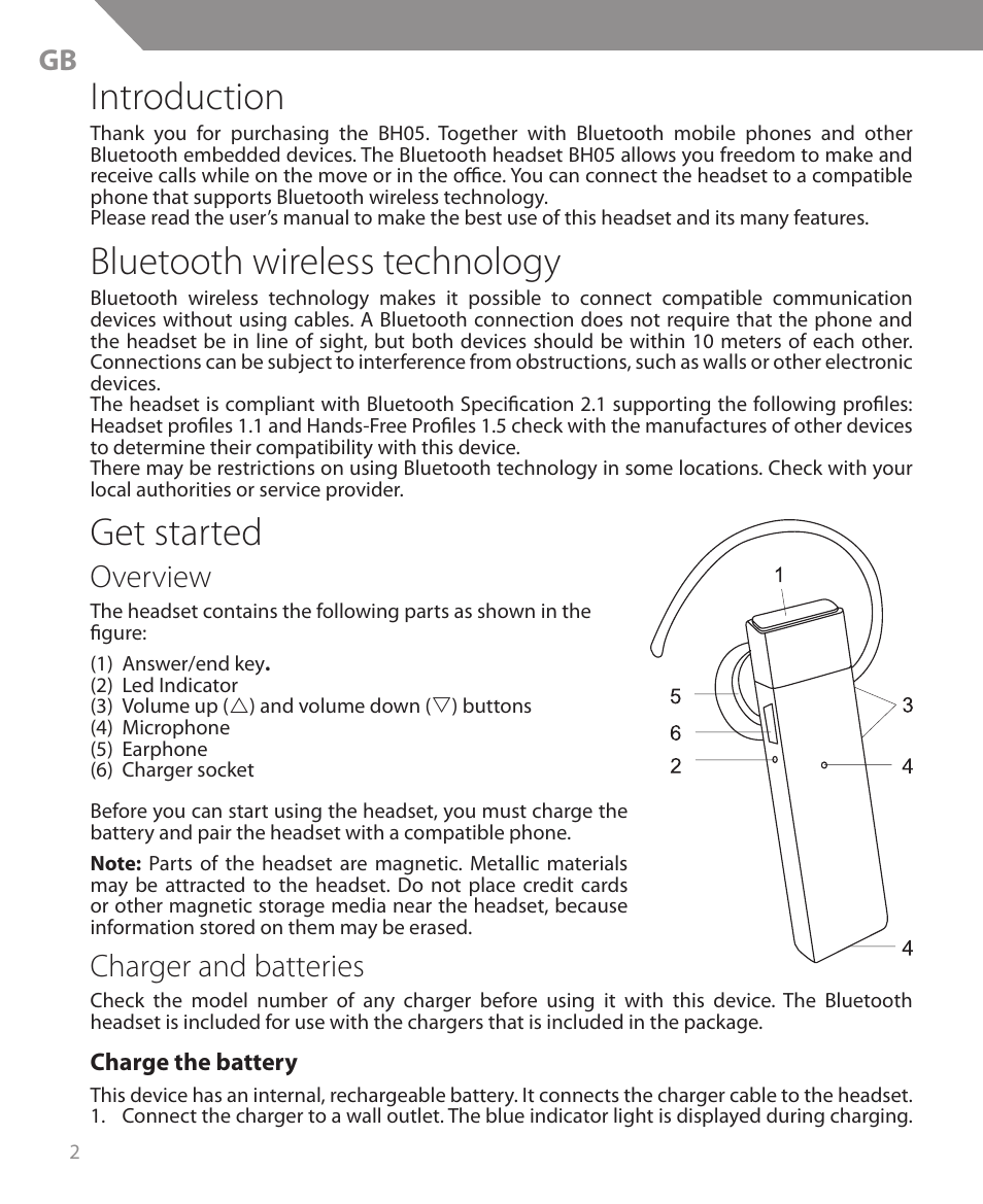 Introduction, Bluetooth wireless technology, Get started | Overview, Charger and batteries | Acme BH05 User Manual | Page 2 / 40