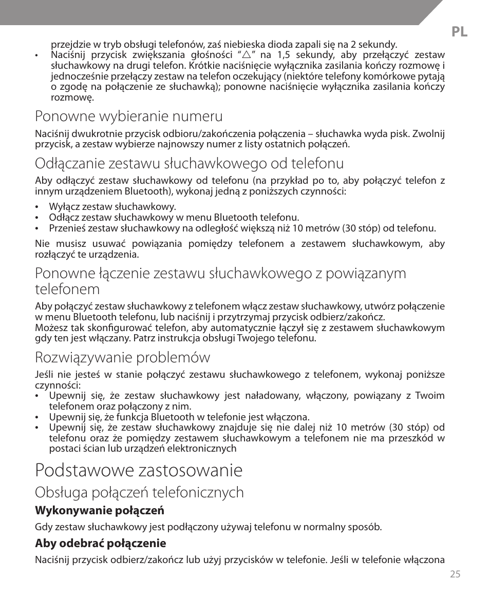 Podstawowe zastosowanie, Ponowne wybieranie numeru, Odłączanie zestawu słuchawkowego od telefonu | Rozwiązywanie problemów, Obsługa połączeń telefonicznych | Acme BH05 User Manual | Page 25 / 40