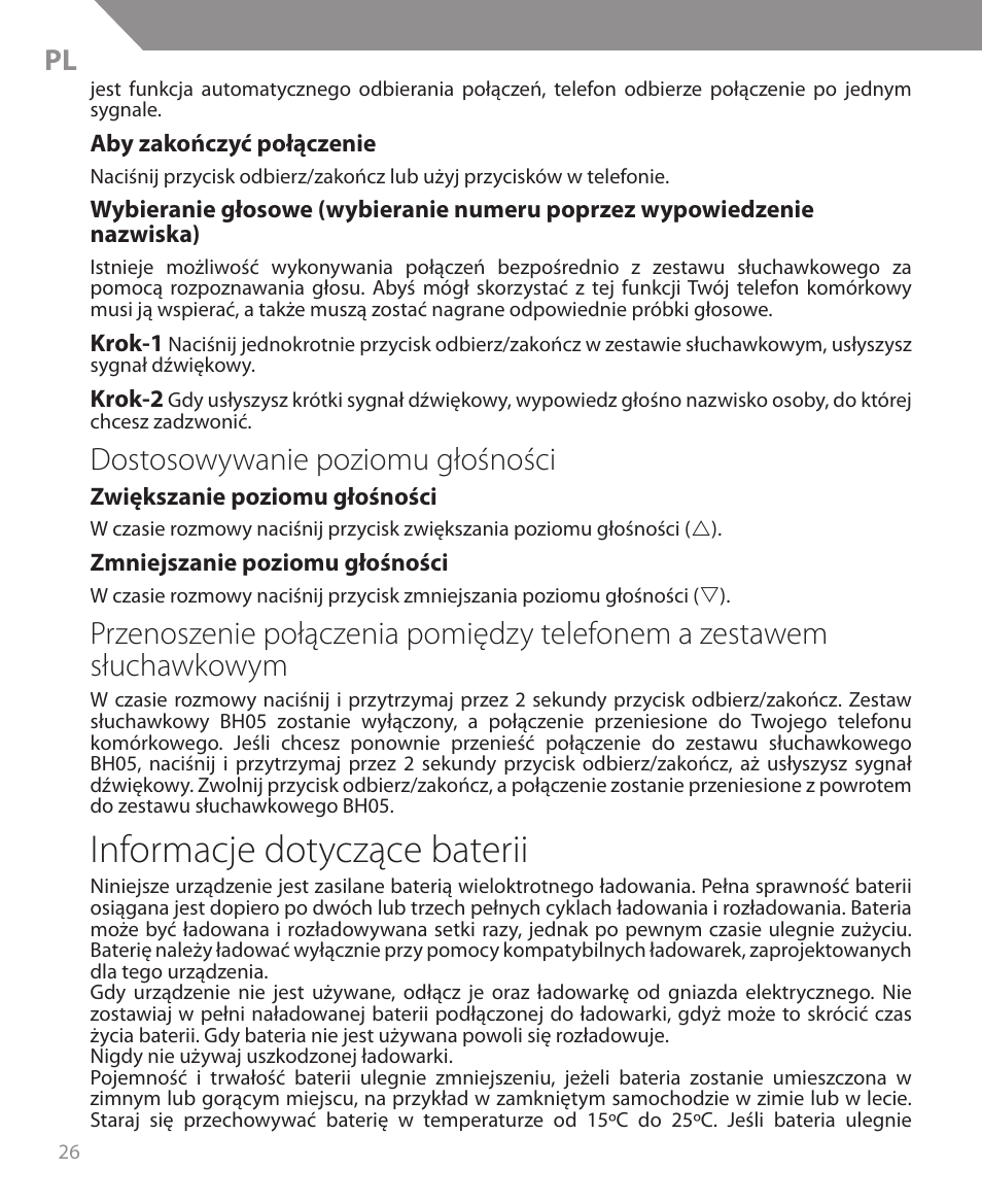 Informacje dotyczące baterii, Dostosowywanie poziomu głośności | Acme BH05 User Manual | Page 26 / 40