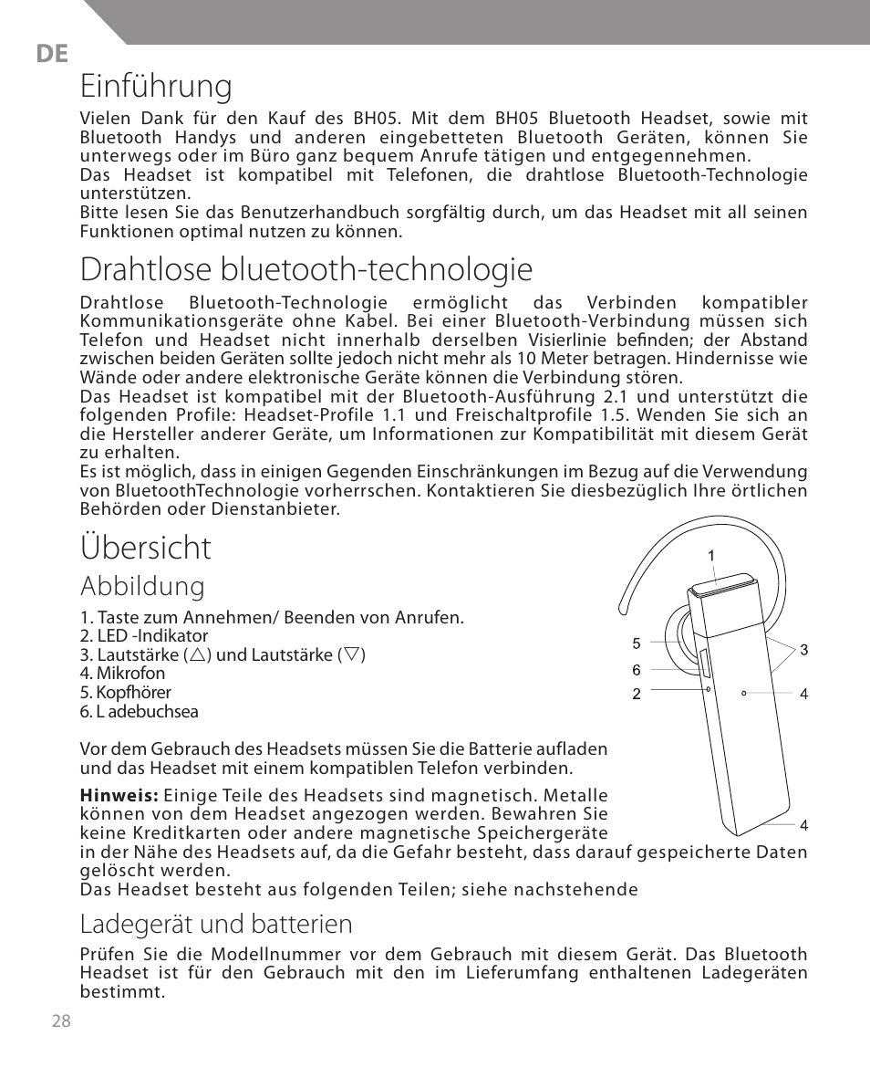 Einführung, Drahtlose bluetooth-technologie, Übersicht | Abbildung, Ladegerät und batterien | Acme BH05 User Manual | Page 28 / 40