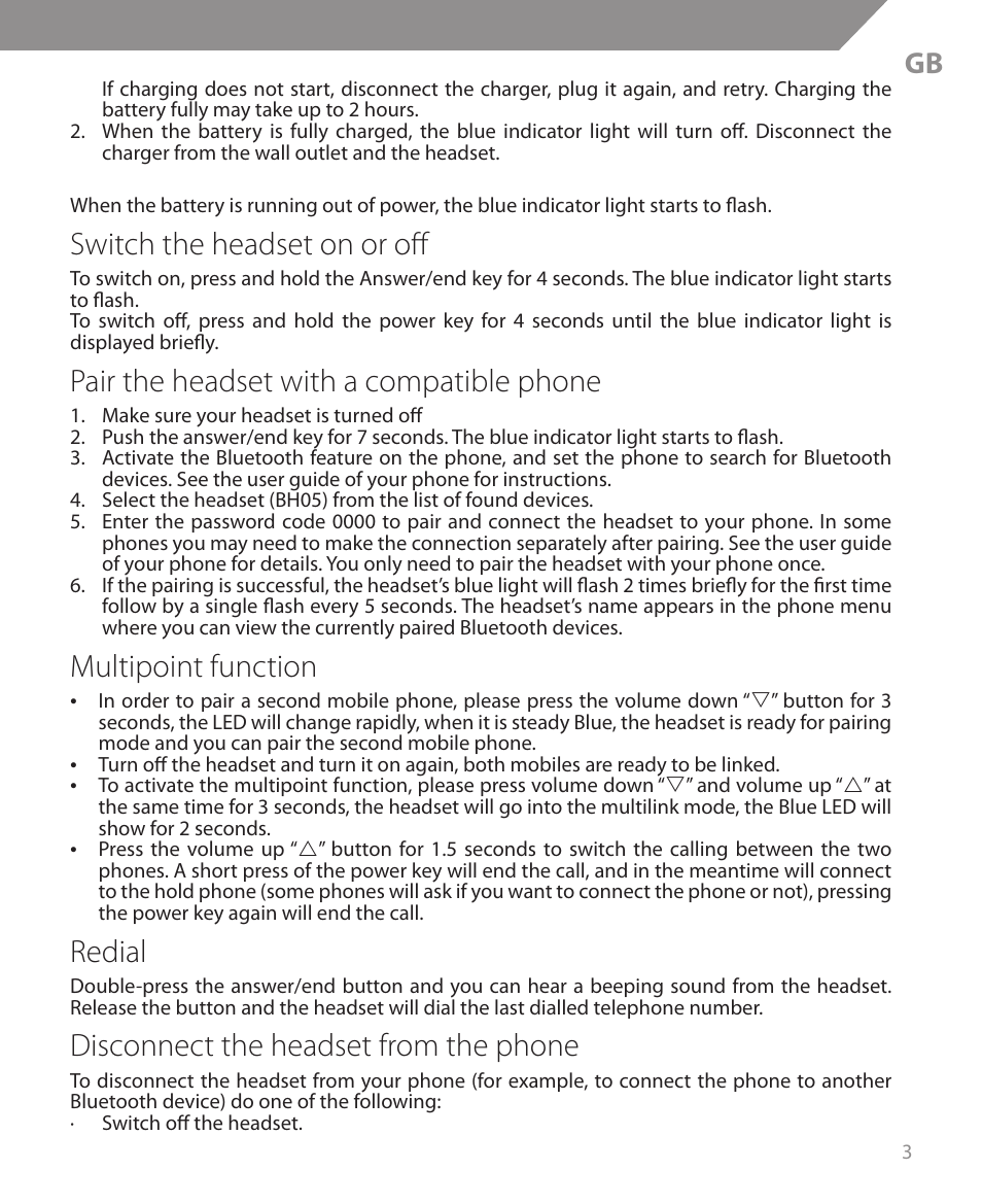 Switch the headset on or off, Pair the headset with a compatible phone, Multipoint function | Redial, Disconnect the headset from the phone | Acme BH05 User Manual | Page 3 / 40