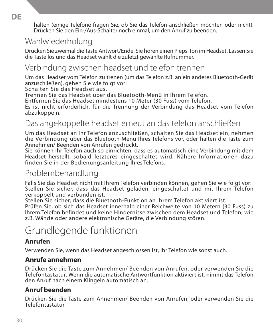 Grundlegende funktionen, Wahlwiederholung, Verbindung zwischen headset und telefon trennen | Problembehandlung | Acme BH05 User Manual | Page 30 / 40