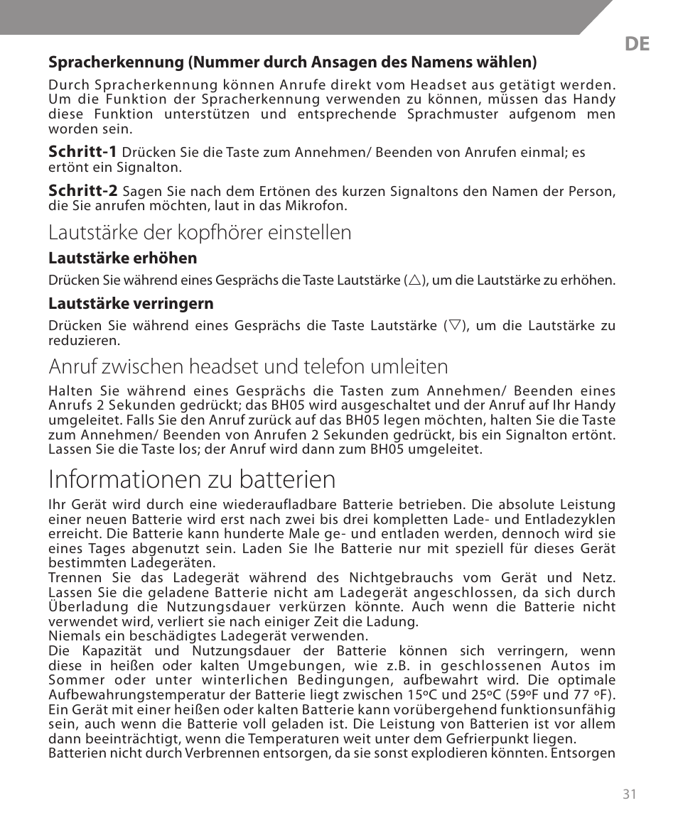 Informationen zu batterien, Lautstärke der kopfhörer einstellen, Anruf zwischen headset und telefon umleiten | Acme BH05 User Manual | Page 31 / 40