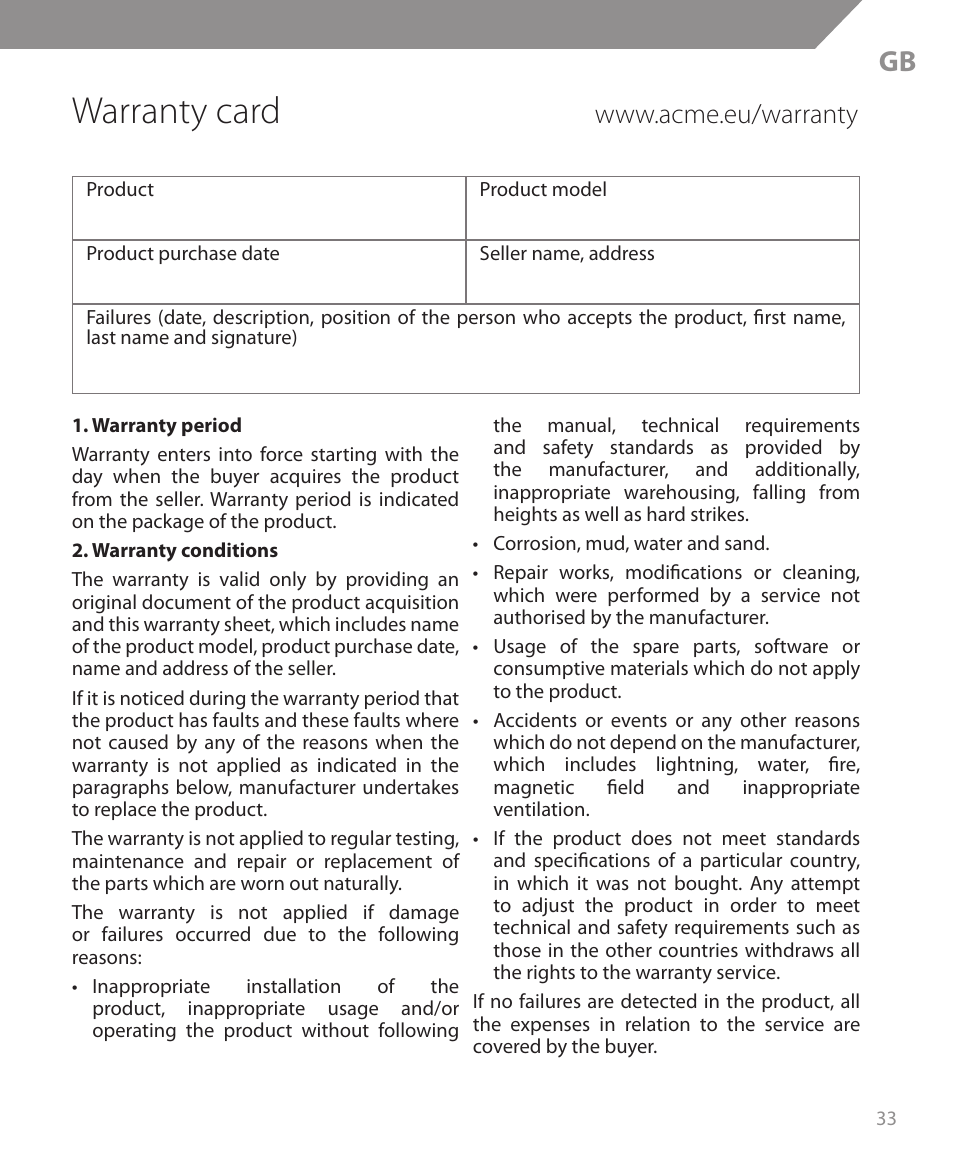 Warranty card | Acme BH05 User Manual | Page 33 / 40