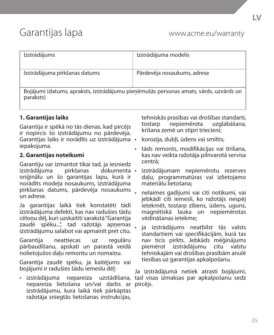 Garantijas lapa | Acme BH05 User Manual | Page 35 / 40