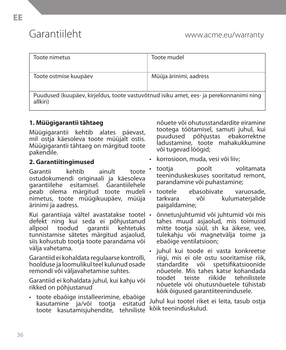 Garantiileht | Acme BH05 User Manual | Page 36 / 40