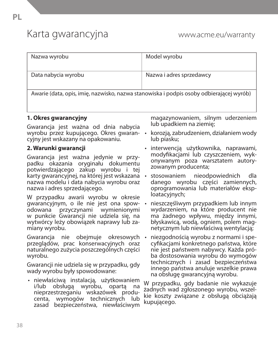 Karta gwarancyjna | Acme BH05 User Manual | Page 38 / 40