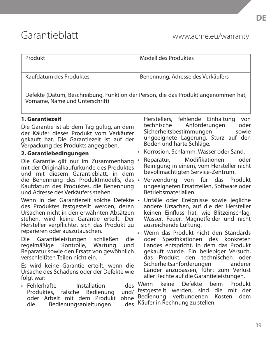 Garantieblatt | Acme BH05 User Manual | Page 39 / 40