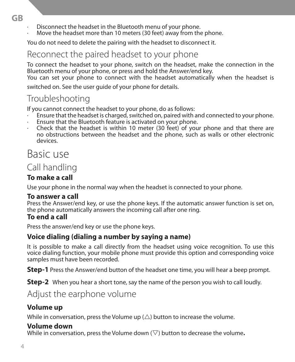 Basic use, Reconnect the paired headset to your phone, Troubleshooting | Call handling, Adjust the earphone volume | Acme BH05 User Manual | Page 4 / 40