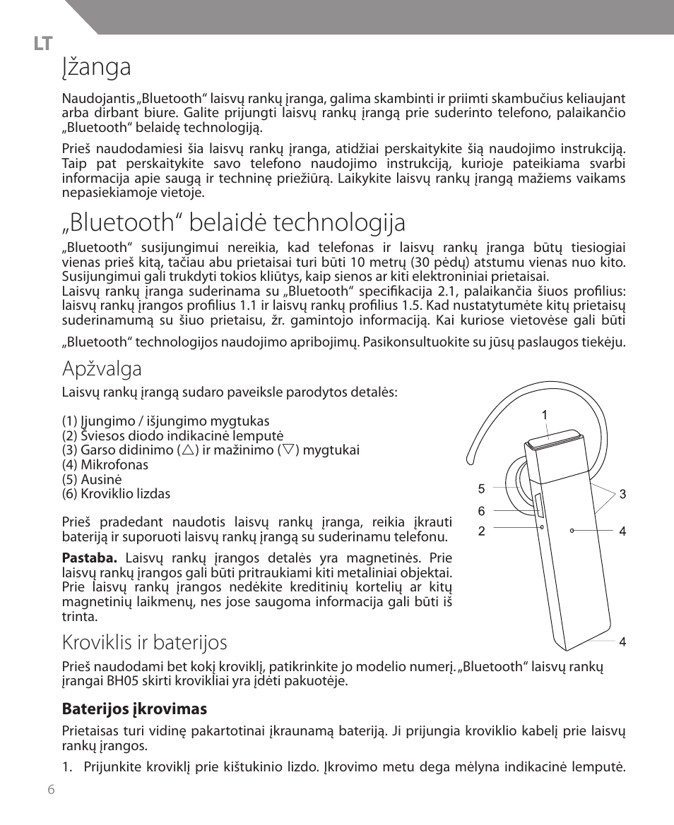 Įžanga, Bluetooth“ belaidė technologija, Apžvalga | Kroviklis ir baterijos | Acme BH05 User Manual | Page 6 / 40