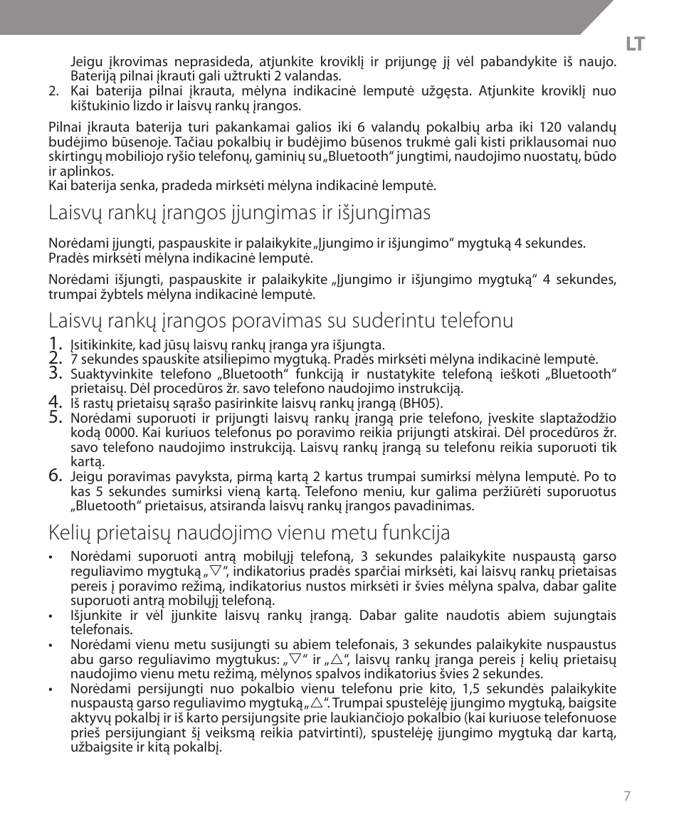Laisvų rankų įrangos įjungimas ir išjungimas, Kelių prietaisų naudojimo vienu metu funkcija | Acme BH05 User Manual | Page 7 / 40