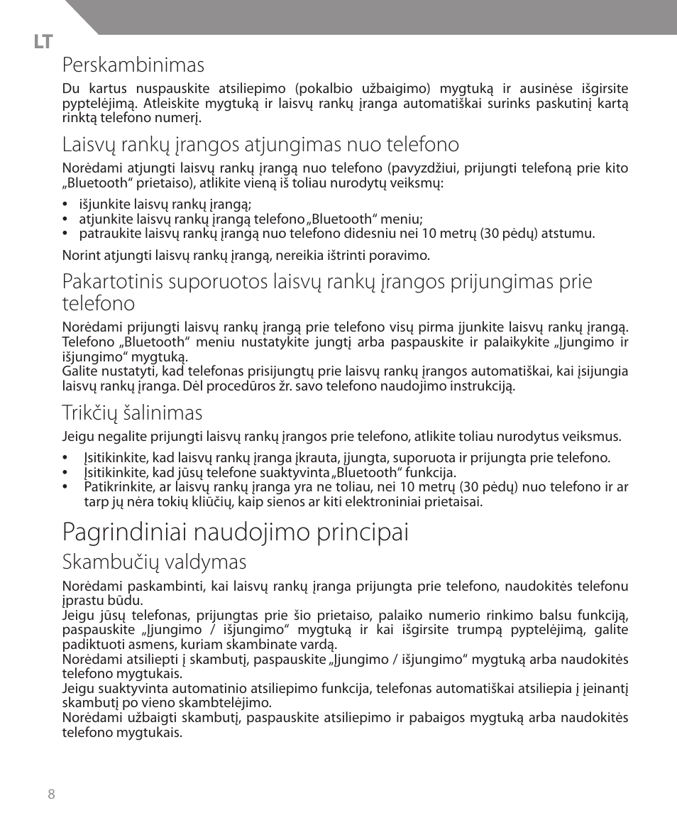 Pagrindiniai naudojimo principai, Perskambinimas, Laisvų rankų įrangos atjungimas nuo telefono | Trikčių šalinimas, Skambučių valdymas | Acme BH05 User Manual | Page 8 / 40