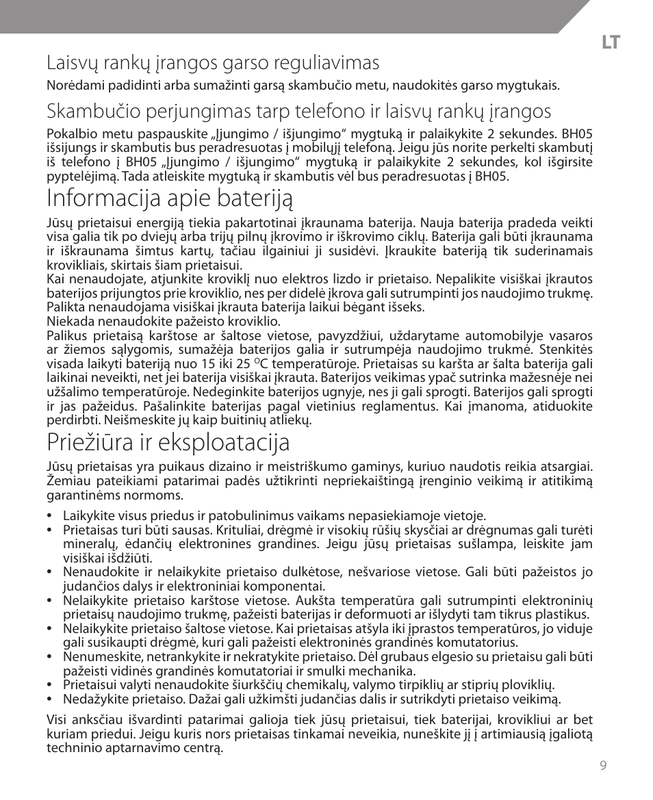 Informacija apie bateriją, Priežiūra ir eksploatacija, Laisvų rankų įrangos garso reguliavimas | Acme BH05 User Manual | Page 9 / 40