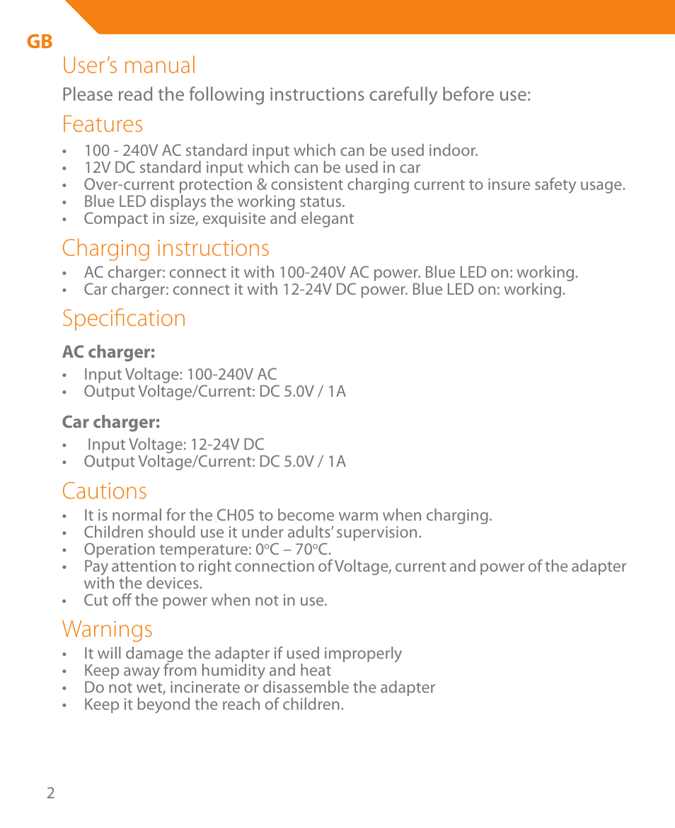 User’s manual, Features, Charging instructions | Specification, Cautions, Warnings | Acme CH05 User Manual | Page 2 / 8