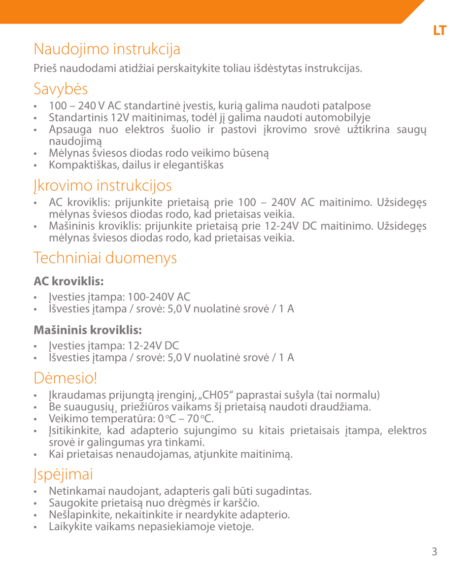 Naudojimo instrukcija, Savybės, Įkrovimo instrukcijos | Techniniai duomenys, Dėmesio, Įspėjimai | Acme CH05 User Manual | Page 3 / 8